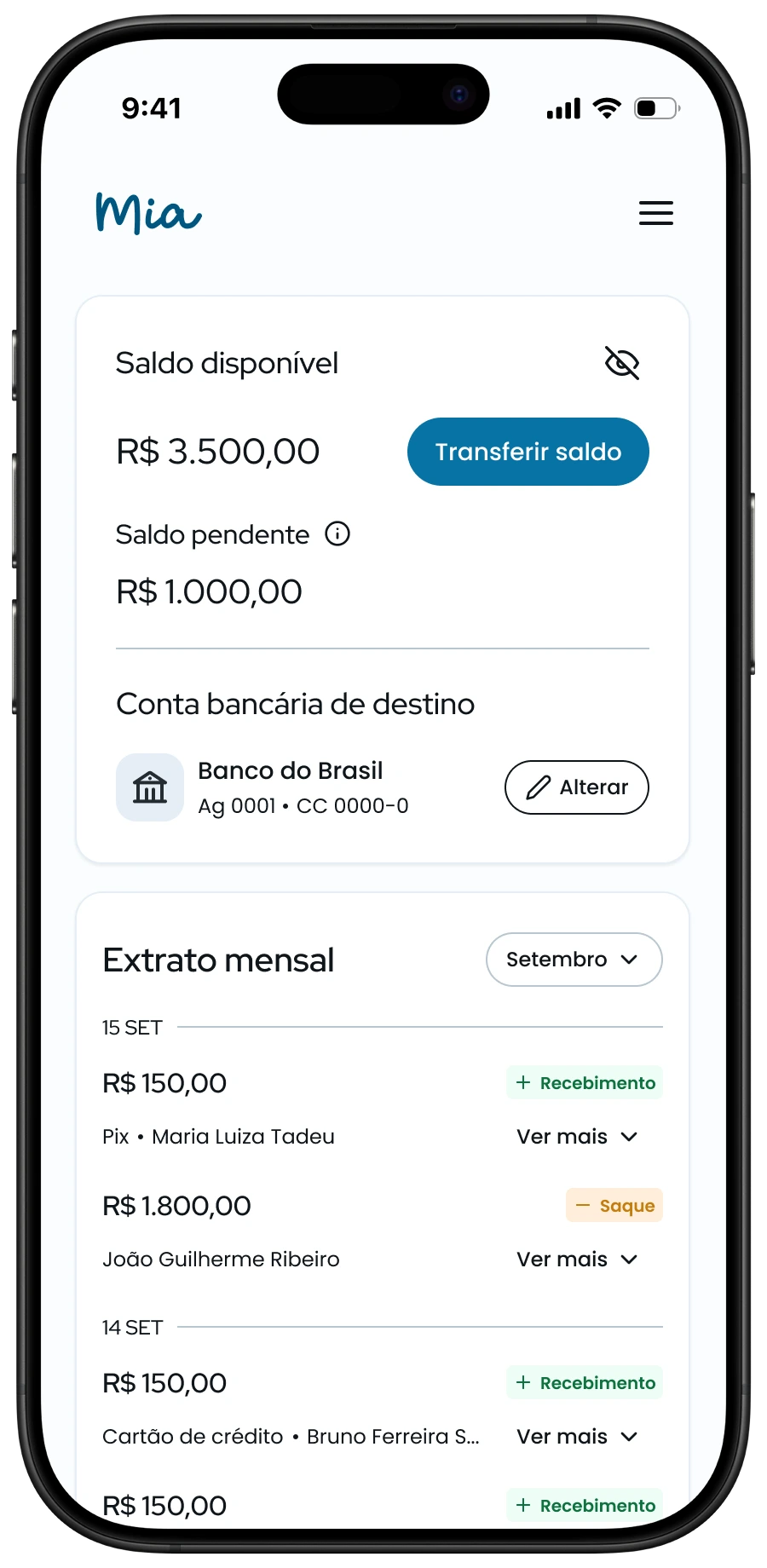 Tela da Carteira Digital Mia mostrando saldo disponível, histórico de transações e botão de saque