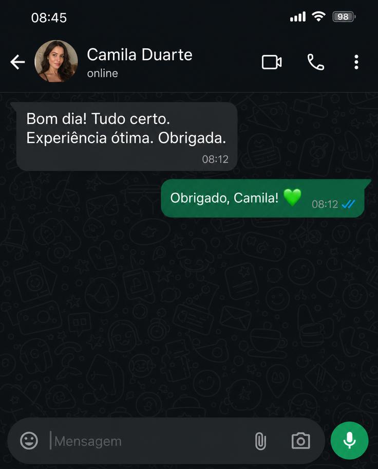 Print de conversa no WhatsApp com Camila Duarte: Bom dia! Tudo certo. Experiência ótima. Obrigada.